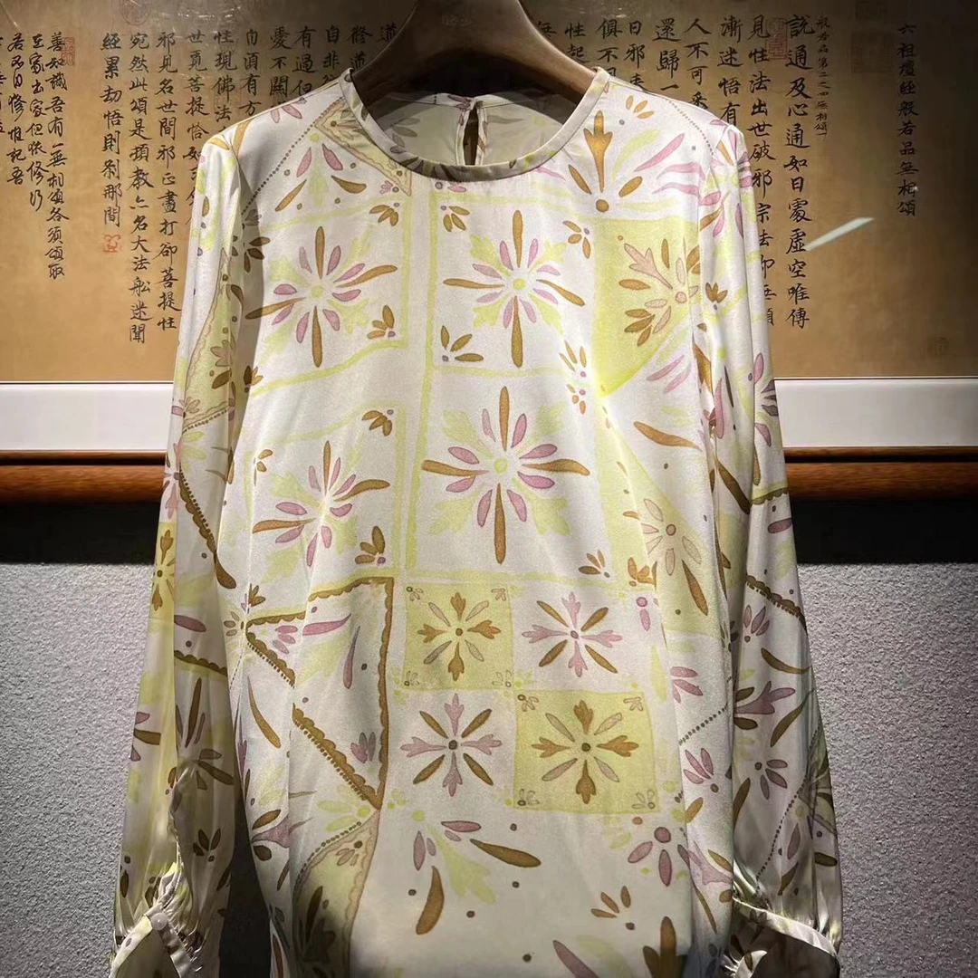 【墨枝】圆领百搭碎花休闲时尚长袖桑蚕丝衬衣S9009195