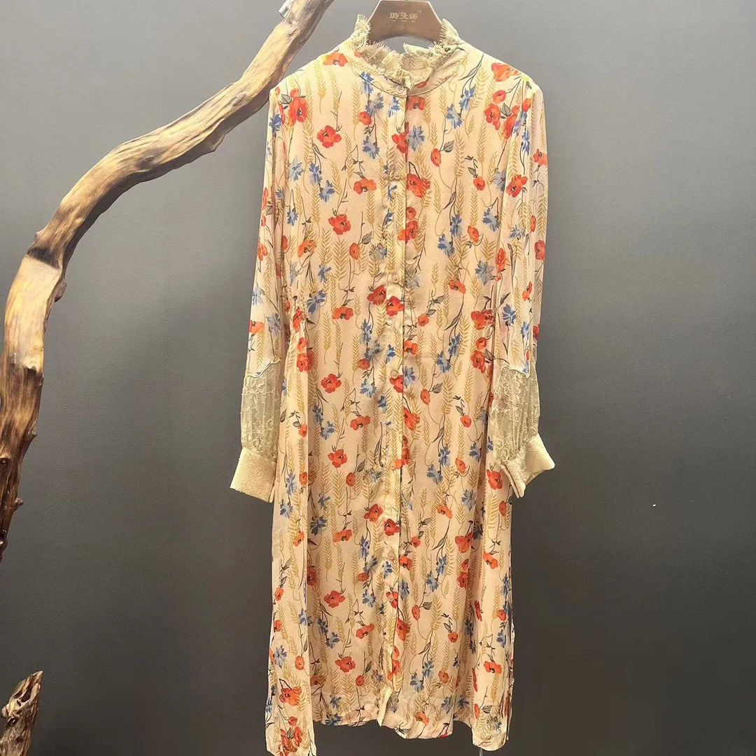 【墨枝】重磅桑蚕丝真丝长袖蕾丝印花连衣裙D9008047