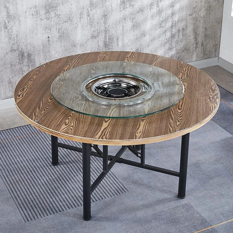 火锅桌圆形电磁炉一体碳化实木圆餐桌酒店家用折叠桌架子桌面面板