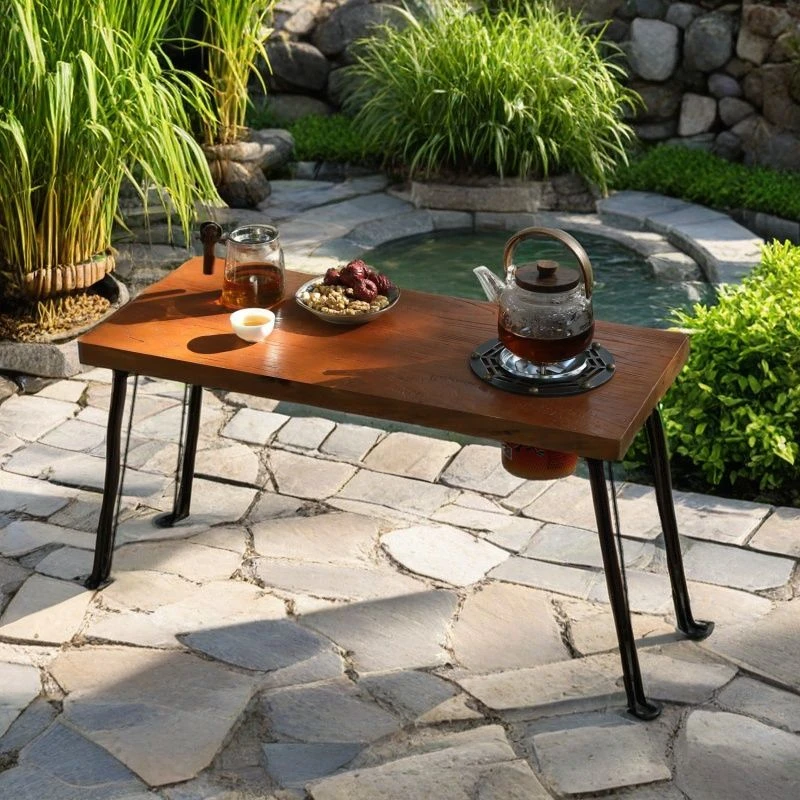 春游野炊露营老榆木围炉煮茶户外桌卡式炉便携折叠桌实木茶桌野外