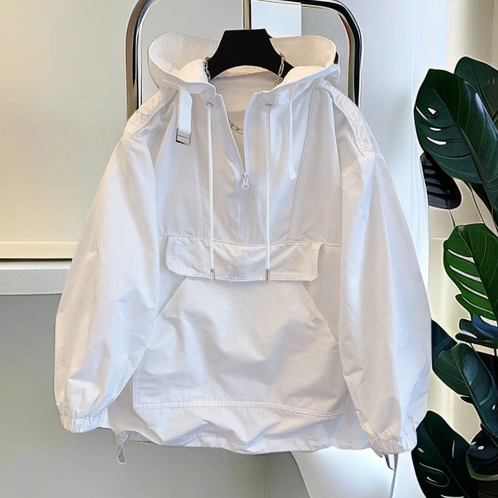 高街纯色连帽冲锋衣外套男女春秋款韩版潮流工装拼接休闲透气风衣