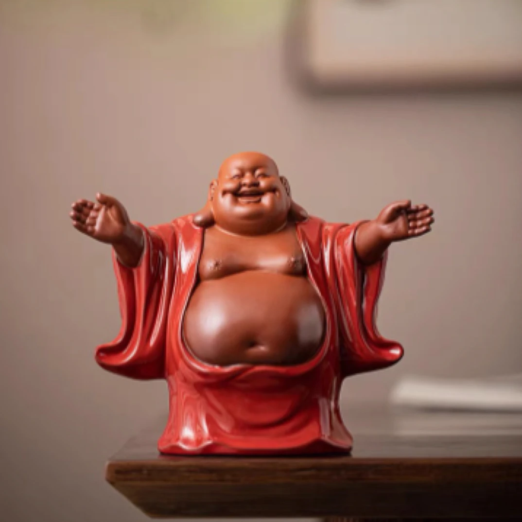 紫砂弥勒佛摆件手工创意茶宠家用茶室禅意装饰