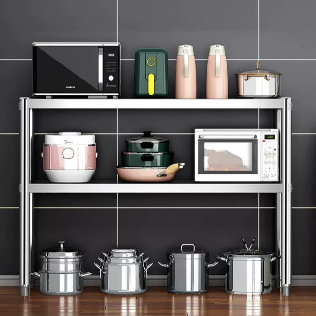 二层不锈钢置物架家用厨房微波炉收纳架饭店锅架两层调料架可定制