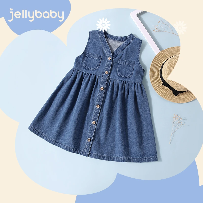 杰里贝比女童连衣裙中大童春秋款无袖牛仔裙春装a字裙 JQG21536H