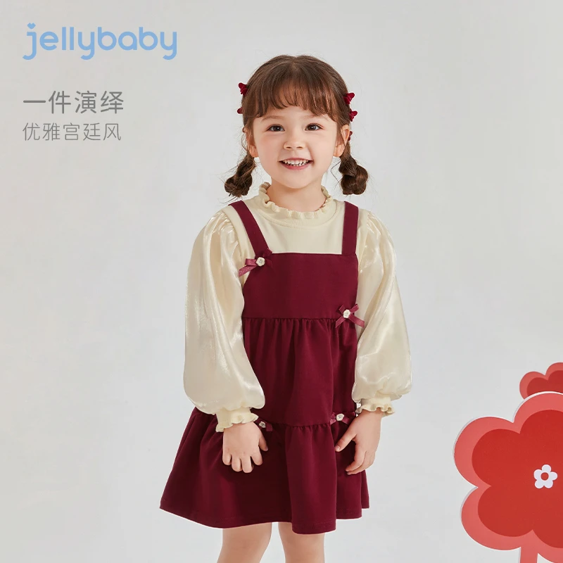 杰里贝比儿童假两件裙子秋季公主裙秋装红色连衣裙女童 JQG31809H
