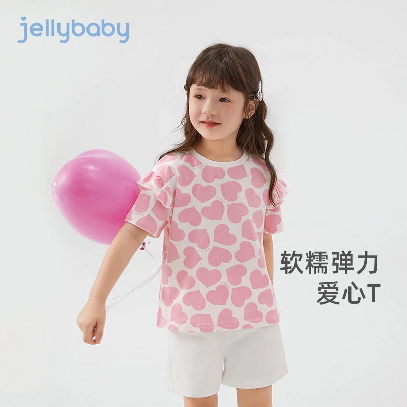 杰里贝比女童短袖T恤儿童爱心上衣花边袖女宝宝夏天衣服 JXG42641