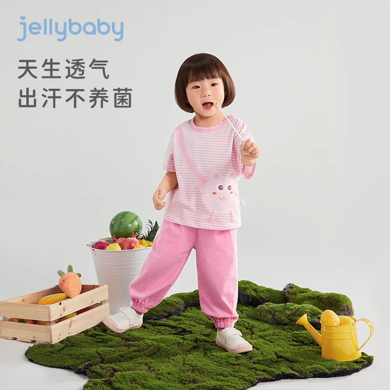 杰里贝比女童夏套装时尚条纹衣服抗菌夏圆领男童两件套 JTN42598