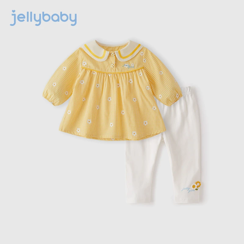 杰里贝比女小童秋装套装格子宝宝衣服娃娃领洋气两件套 JTG31874G