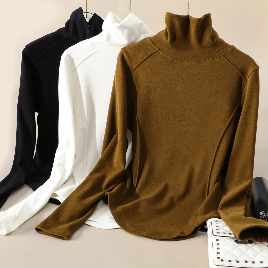 星有光 双面德绒高领弧形下摆加绒加厚t恤女修身保暖打底衫冬款
