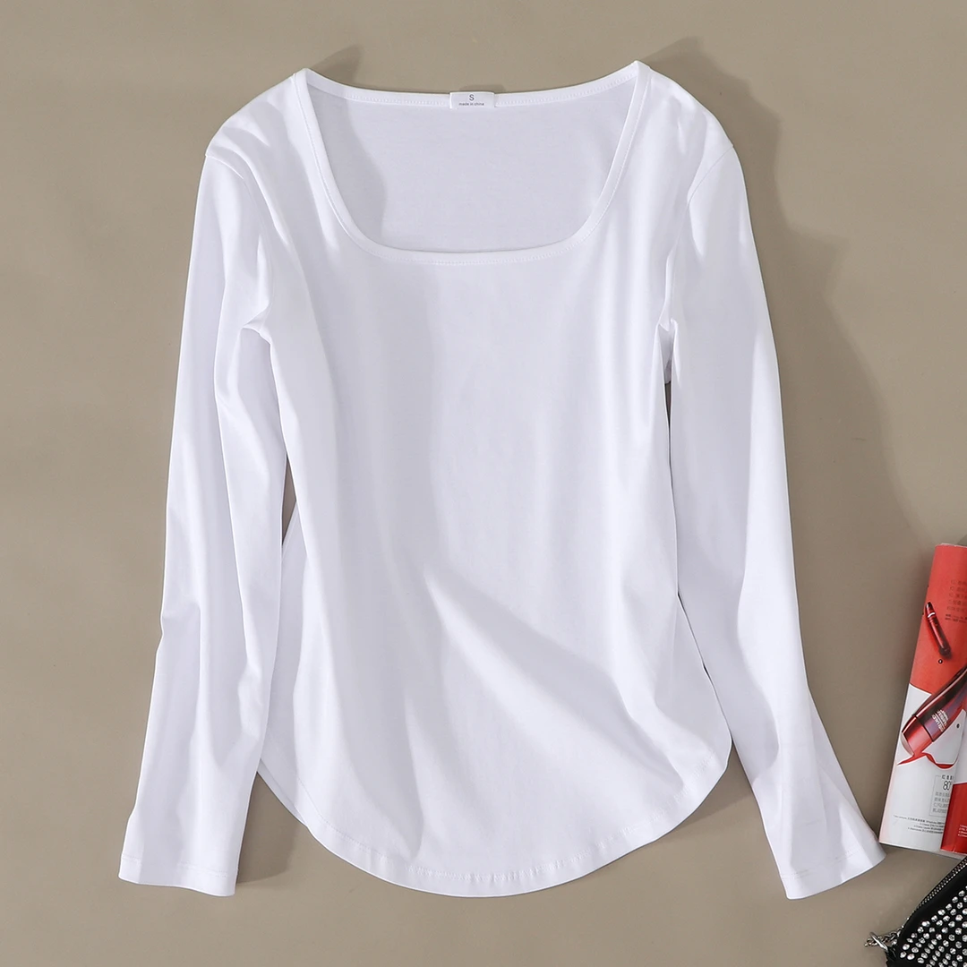 星有光 秋款时尚方领弧形下摆长袖t恤女丝光棉纯棉修身上衣打底衫