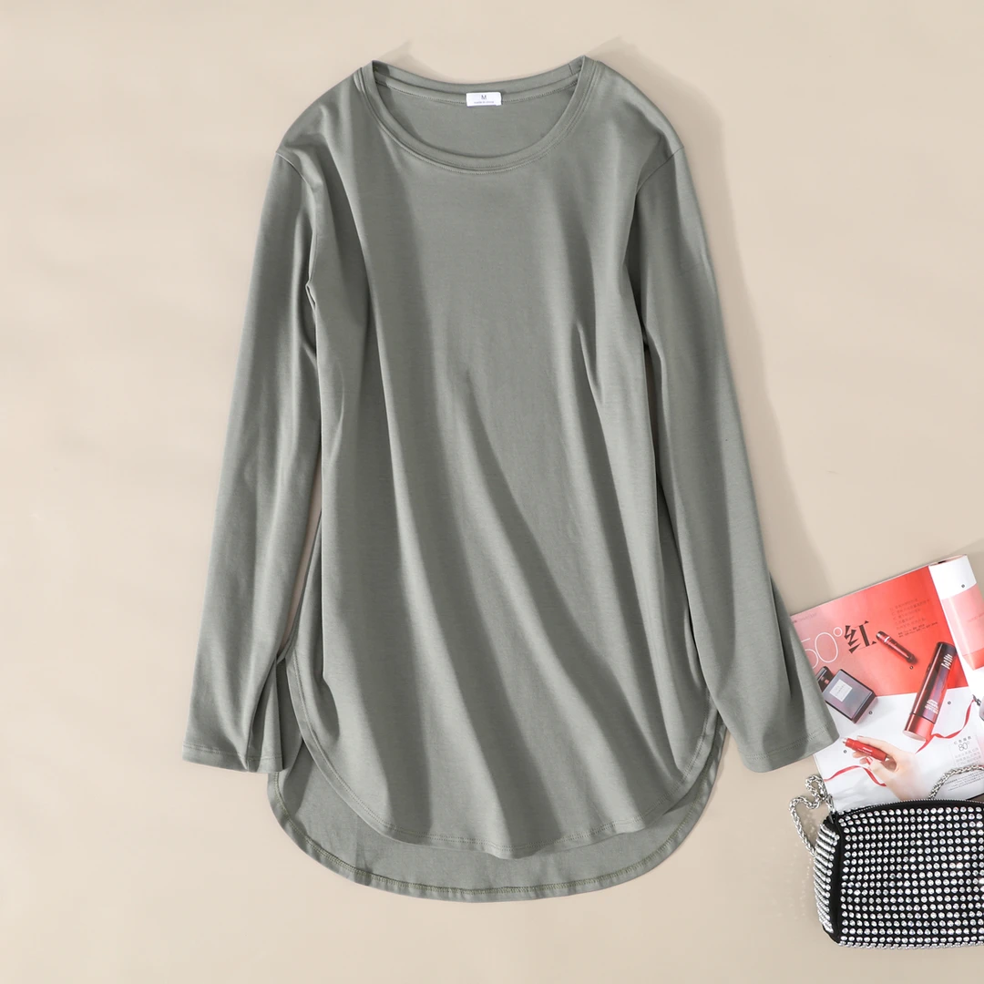 星有光 灰绿弧形下摆中长款长袖t恤女遮臀配打底裤鲨鱼打底衫新款