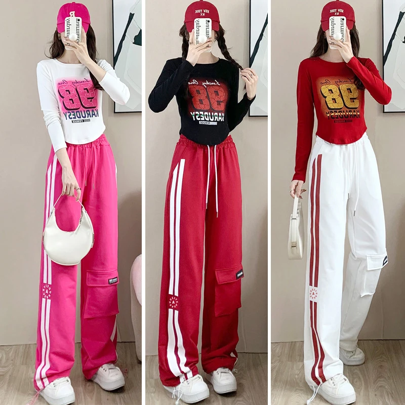 洋气时尚长袖T恤衫休闲运动套装女春秋季新款高腰阔腿裤显瘦上衣