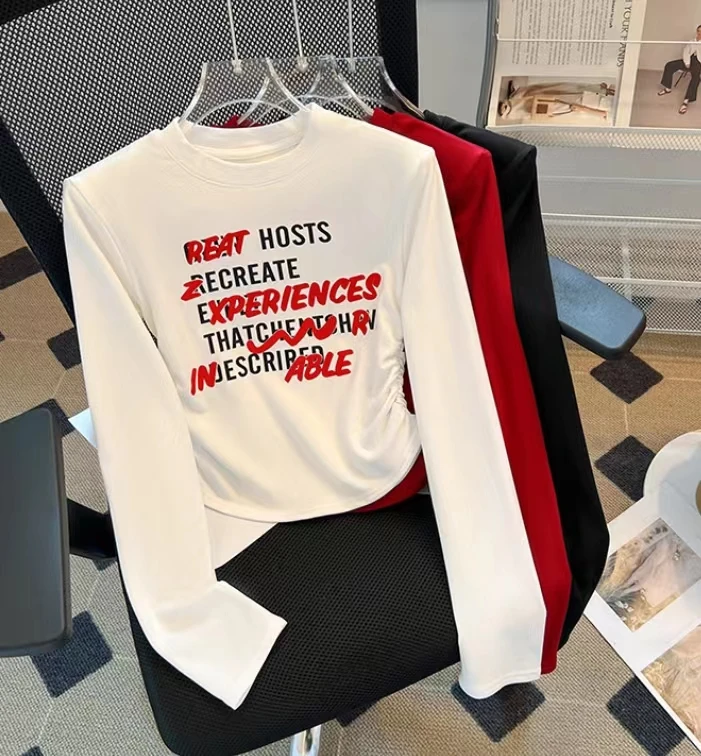 秋冬新款洋气磨毛加厚打底衫女字母印花圆领修身百搭长袖T恤女