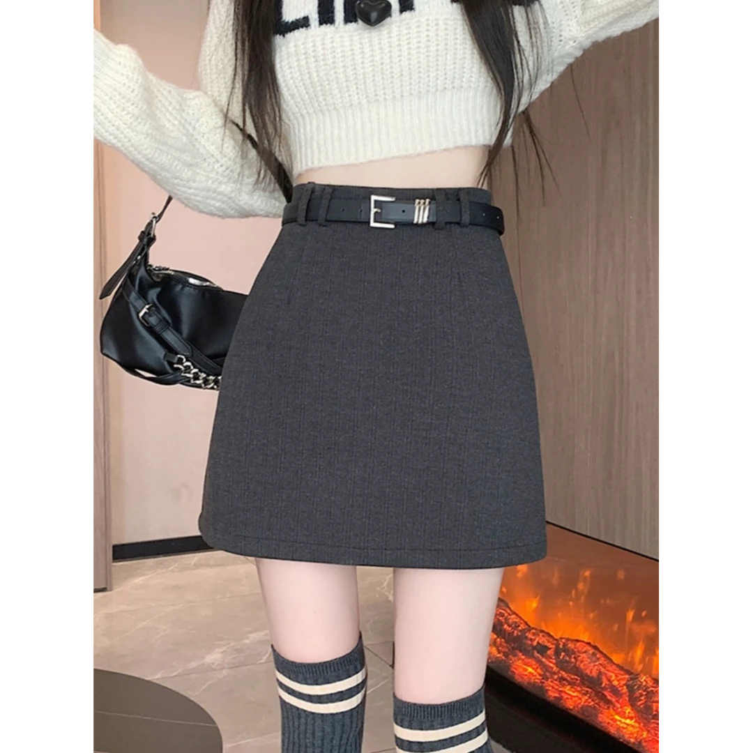 【送腰带】秋冬新款毛呢简约a字半身裙高腰包臀裙防走光a字呢子短裙