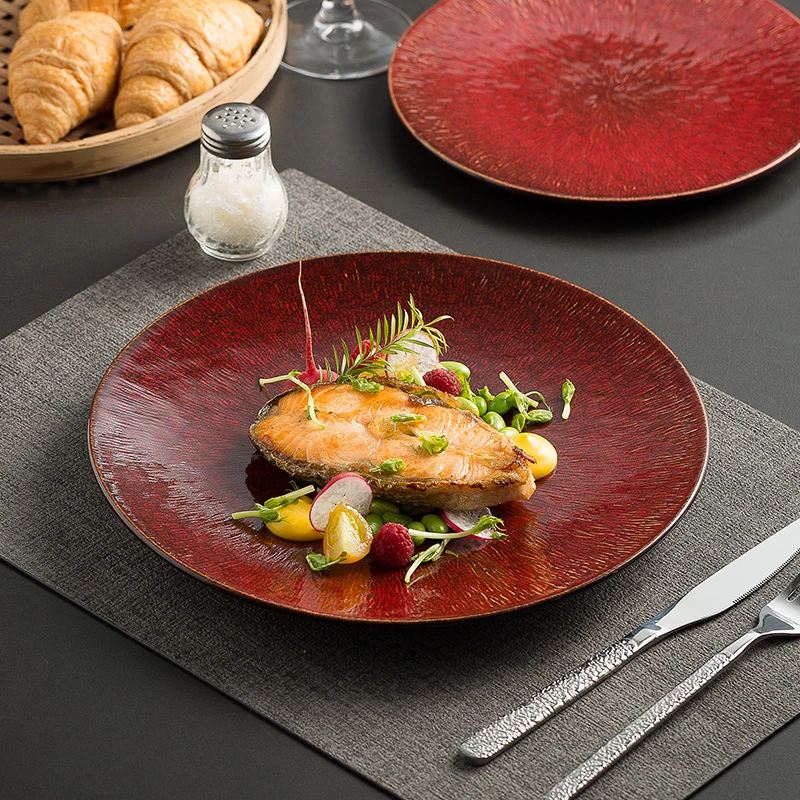 青柒高级感红色陶瓷盘子西餐盘牛排盘意面盘创意家用大号菜盘酒店