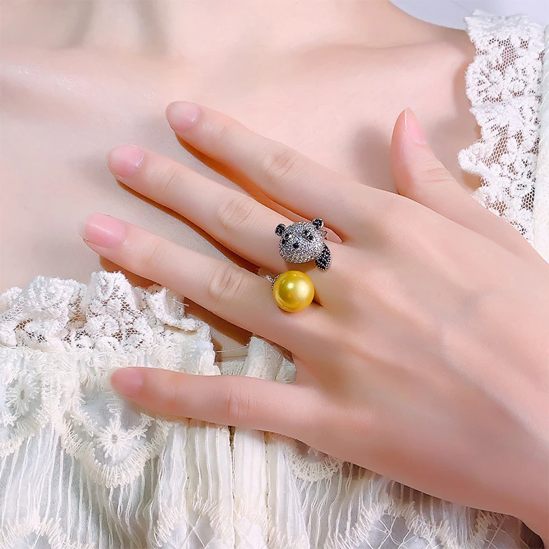 黄铜陶瓷戒指 新款秋款贝珠戒指可爱萌萌熊猫开口指环女戒