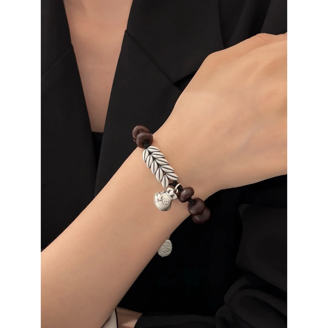 925银木质手链 《菩提树下》复古风麦穗福袋平安流苏手工编织手链