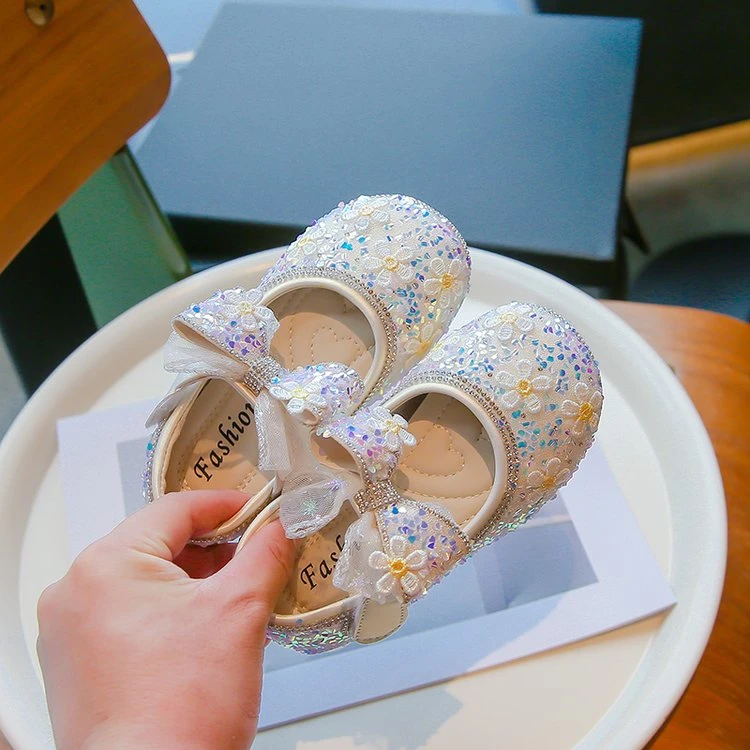 女童公主鞋儿童皮鞋2024秋季小香风花朵闪亮水晶鞋时尚软底鞋986