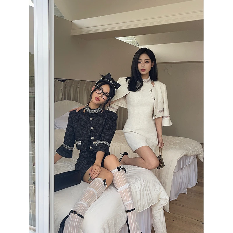 FOASIS【秋季新款】小香风短款喇叭中袖外套+钉珠挂脖收腰连衣裙