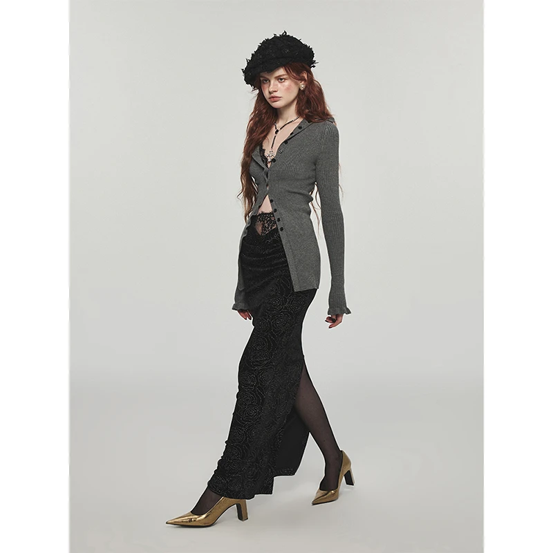 1JINN STUDIO 秋冬中长款蕾丝花边开叉丝绒包臀裙