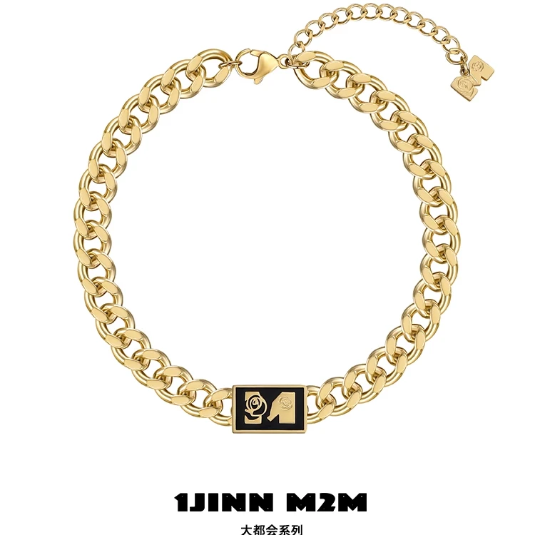 合金项链 1JINN M2M 原创小众珐琅玫瑰印花LOGO古巴链choker