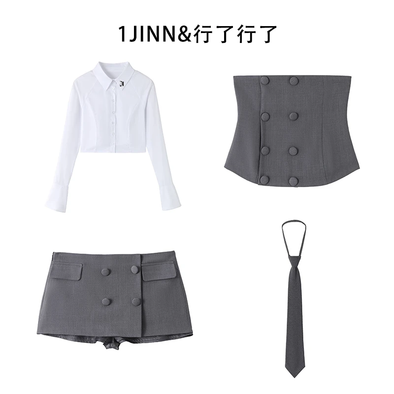 1JINN STUDIO 初秋辣妹必备收腰抹胸/复古低腰辣妹短裙衬衫套装