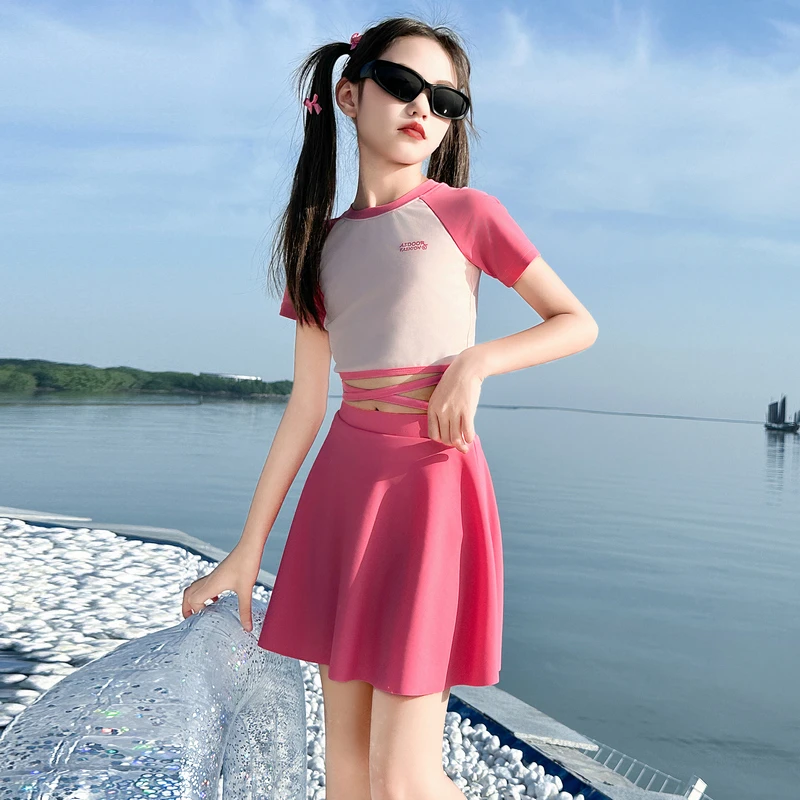 泳衣女童套装夏季腰间系带拼接分体泳衣运动时尚户外游泳学生速干