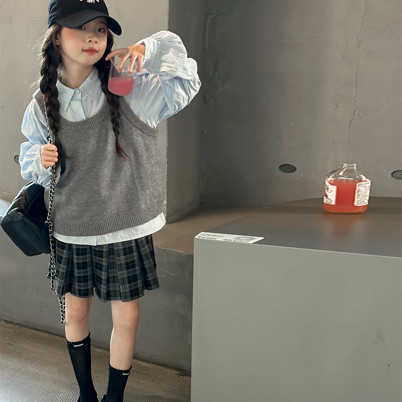 女童秋装套装背心衬衫百褶裙三件套春秋长袖韩版学院风时尚洋气潮