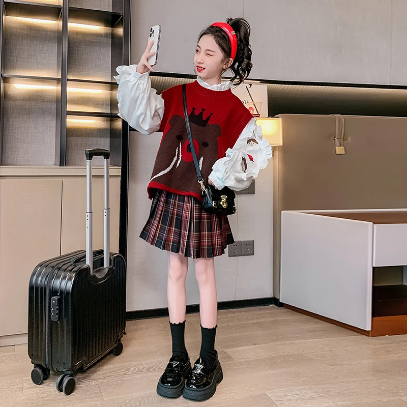 女童秋装大袖子衬衣套装6-12岁马甲衬衫短裙三件套洋气春秋学院风