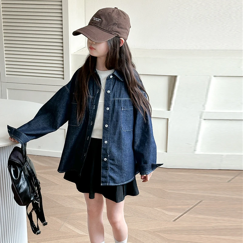 女童韩系牛仔衬衫外套6-12岁初秋薄款15岁纯色经典上衣洋气休闲