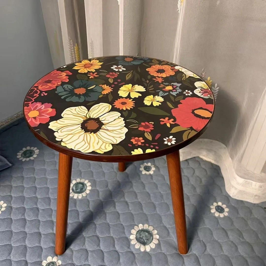 美式印花床头小茶几复古风小圆桌落地床头柜沙发边可移动茶水桌