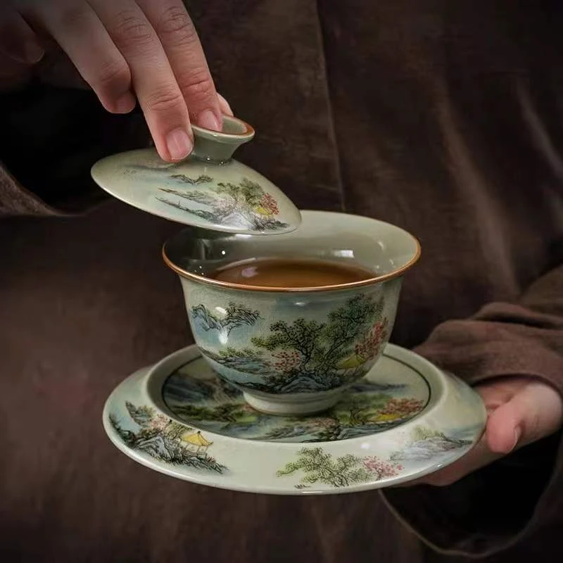高档青花盖碗茶杯高端复古陶瓷功夫茶具盖碗大号单个三才泡茶碗新