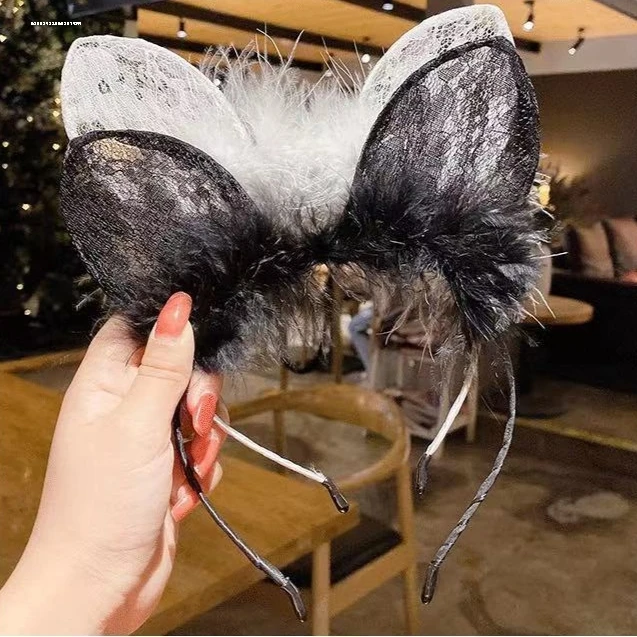 发箍网红2021年新款蕾丝猫耳朵头饰感可爱性感发饰黑色发卡女