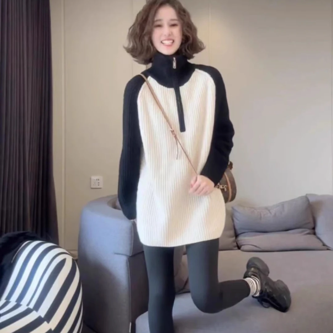 欧货撞色中长款毛衣女2025秋冬季新款半高领拉链针织衫遮屁股上衣