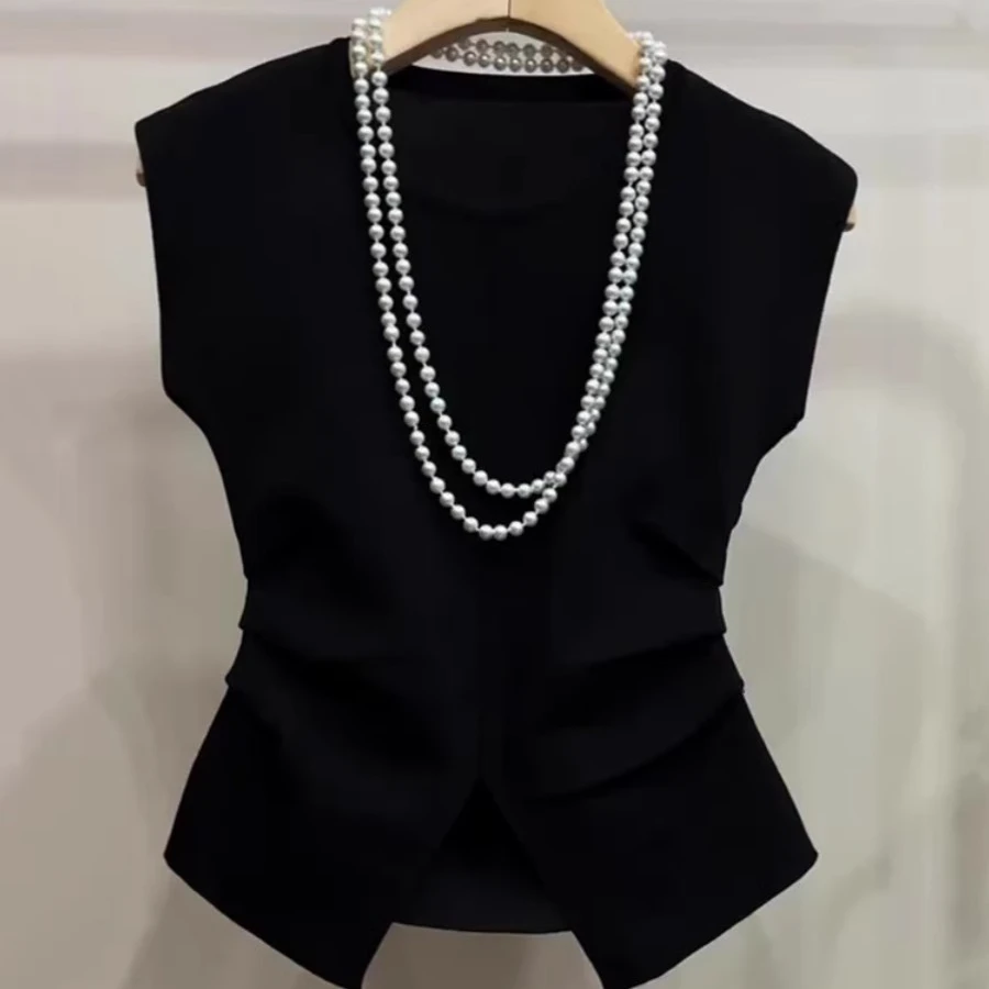 黑色圆领冰丝软糯无袖针织衫女夏2025新款褶皱收腰开叉减龄上衣潮