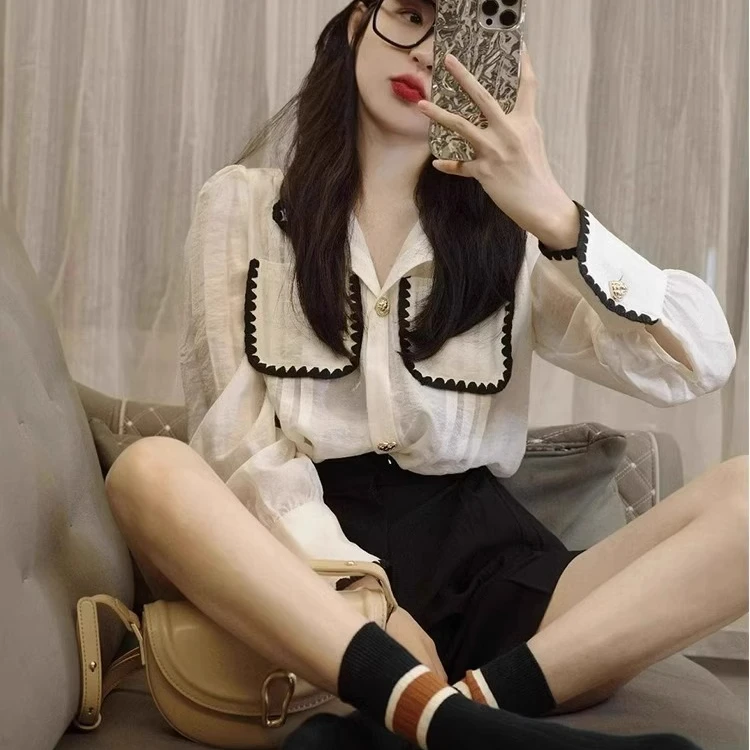 法式小香风白色衬衫女早秋季小衫洋气独特别致长袖上衣设计感小众