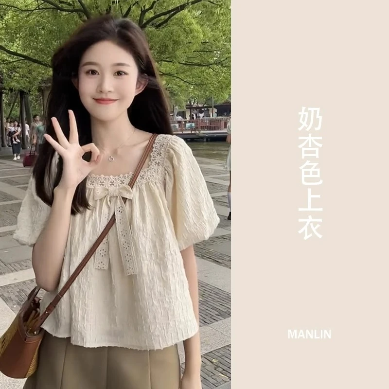 小个子法式蕾丝雪纺衫女夏季高级感显瘦泡泡袖短款上衣小众设计感