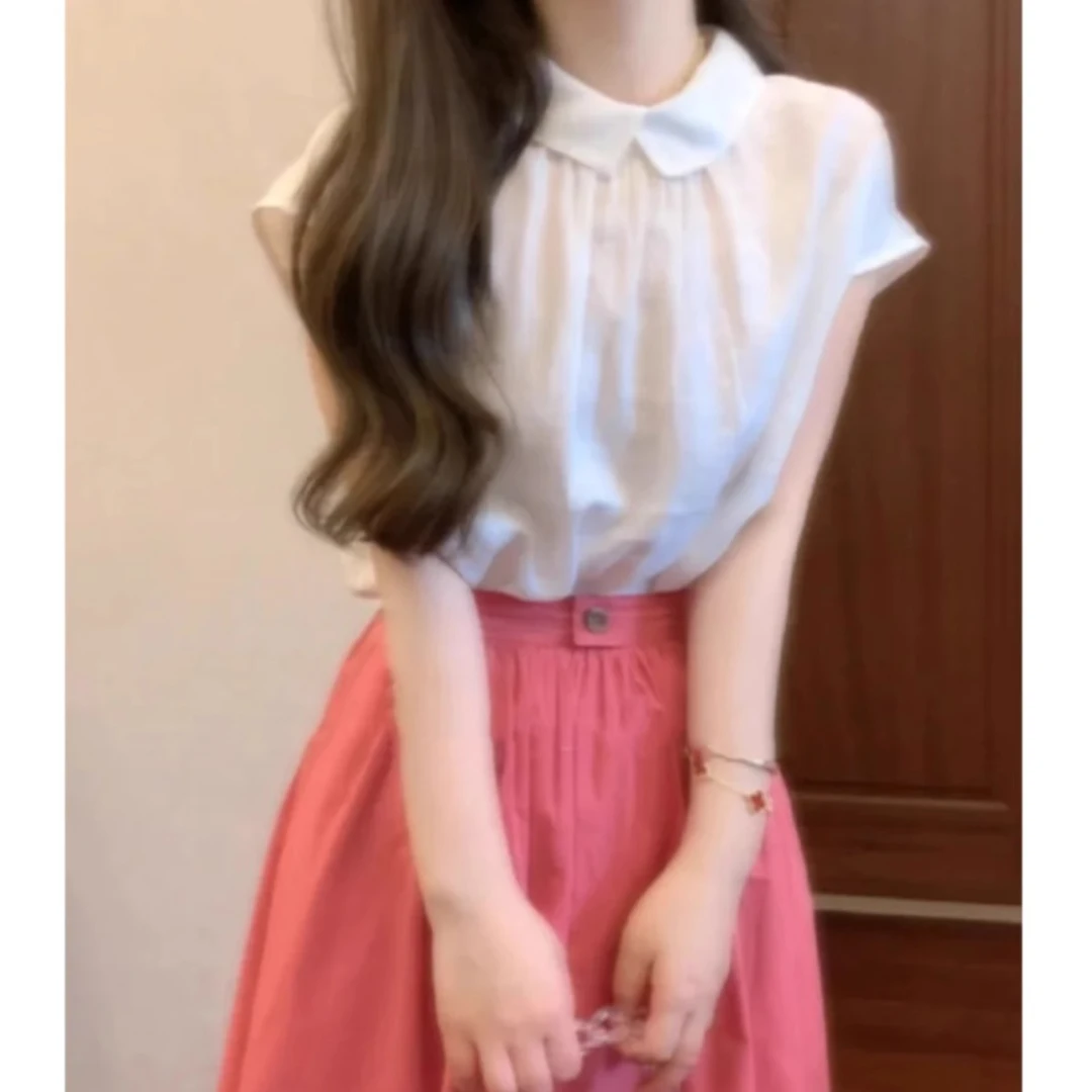 夏装搭配一整套轻熟高级感法式白色衬衫上衣粉色a字半身裙子套装