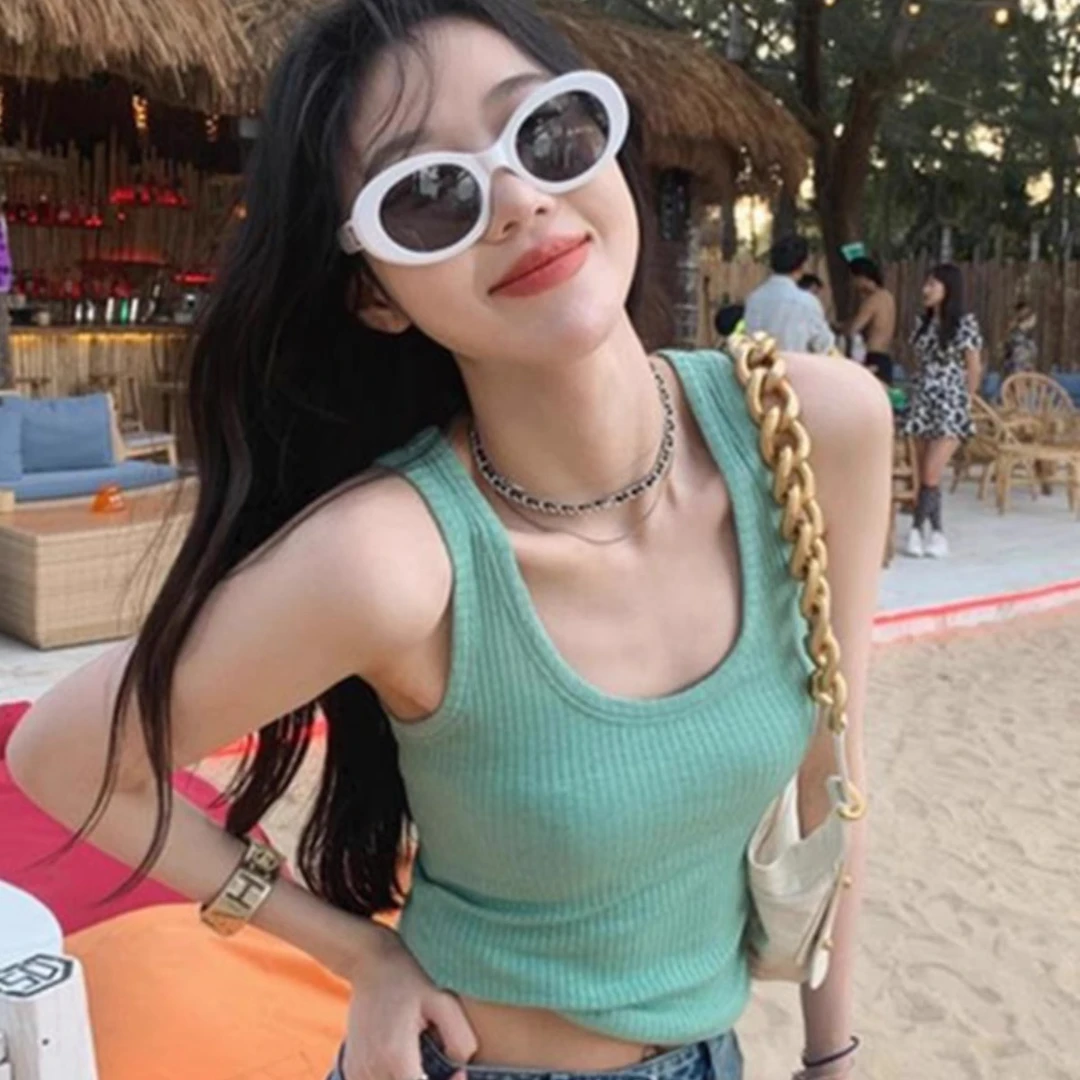 薄荷绿色u领针织小吊带背心女夏季短款外穿遮副乳无袖T恤内搭上衣