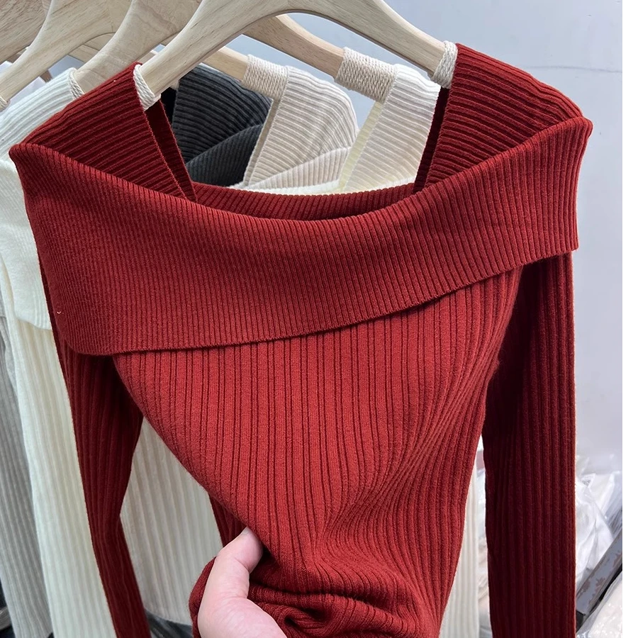 2025秋装新款气质一字肩方领露背长袖针织衫女上衣洋气打底衫毛衣