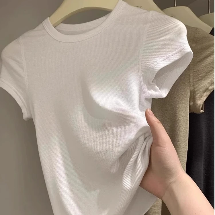 独特别致收腰遮肚子白色辣妹上衣纯色通勤女士短袖正肩t恤衫夏装