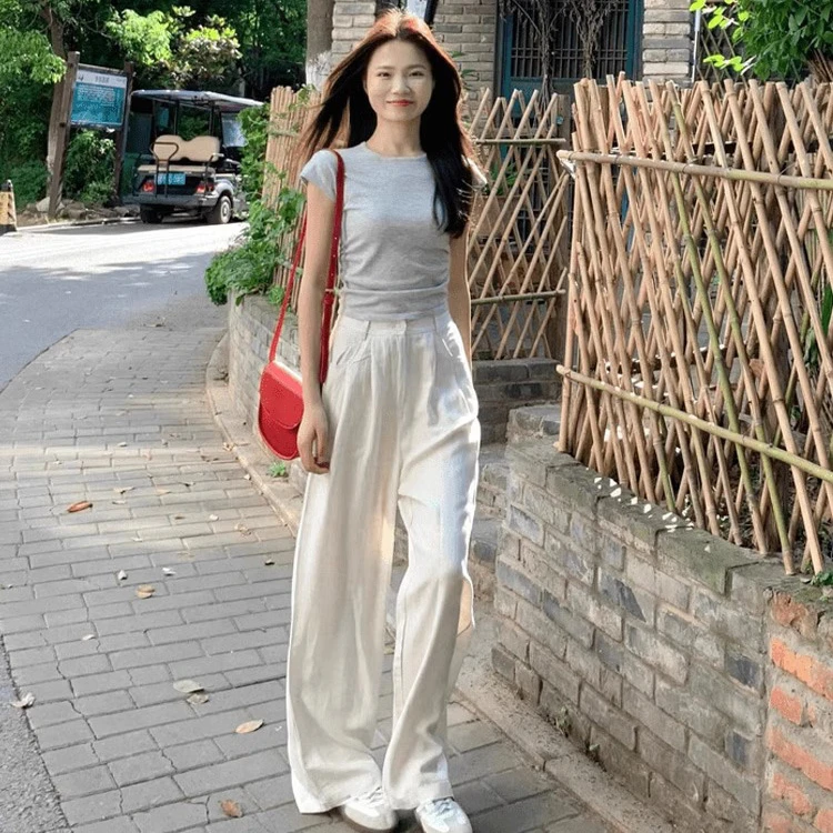 2025夏装搭配一整套韩系气质简约正肩短袖T恤女高腰阔腿休闲裤