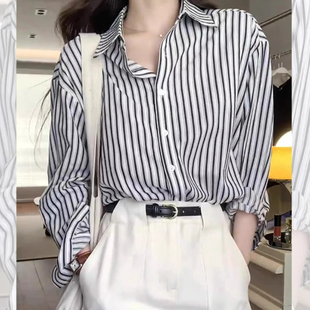 黑白竖纹衬衫女秋季新款超好看小个子气质减龄长袖POLO领条纹衬衣