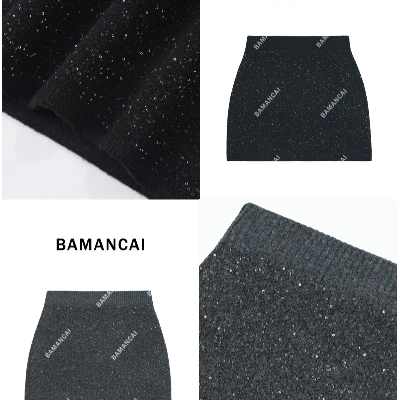 Bamancai-冬季新款法式复古格子拼花边蕾丝短裙高腰a字半身裙