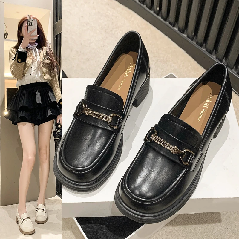 厚底乐福鞋圆头百搭春秋季单鞋女2024新款春英伦风黑色平底小皮鞋