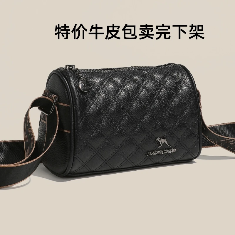 【真皮女包】头层牛皮包绣线菱格波士顿小香风双面枕头包单肩斜挎包