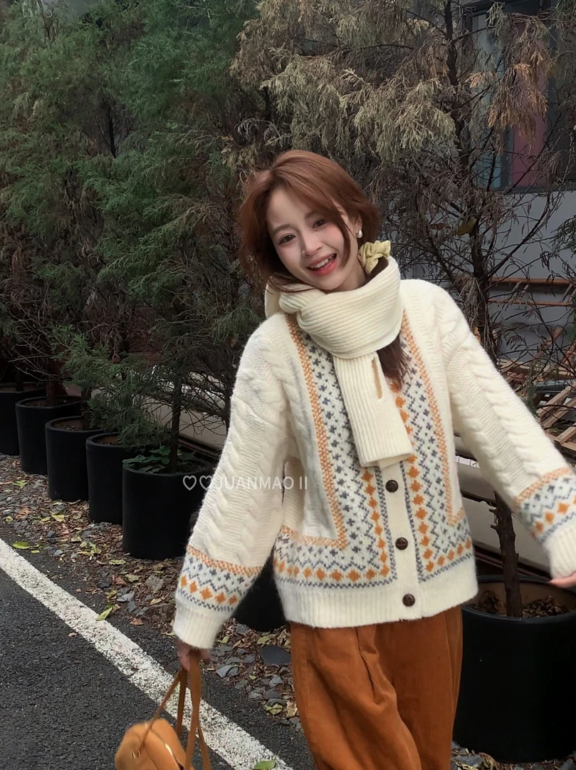 【白沙】24秋冬韩系百搭毛衣针织复古宽松加厚慵懒风圆领日系韩版