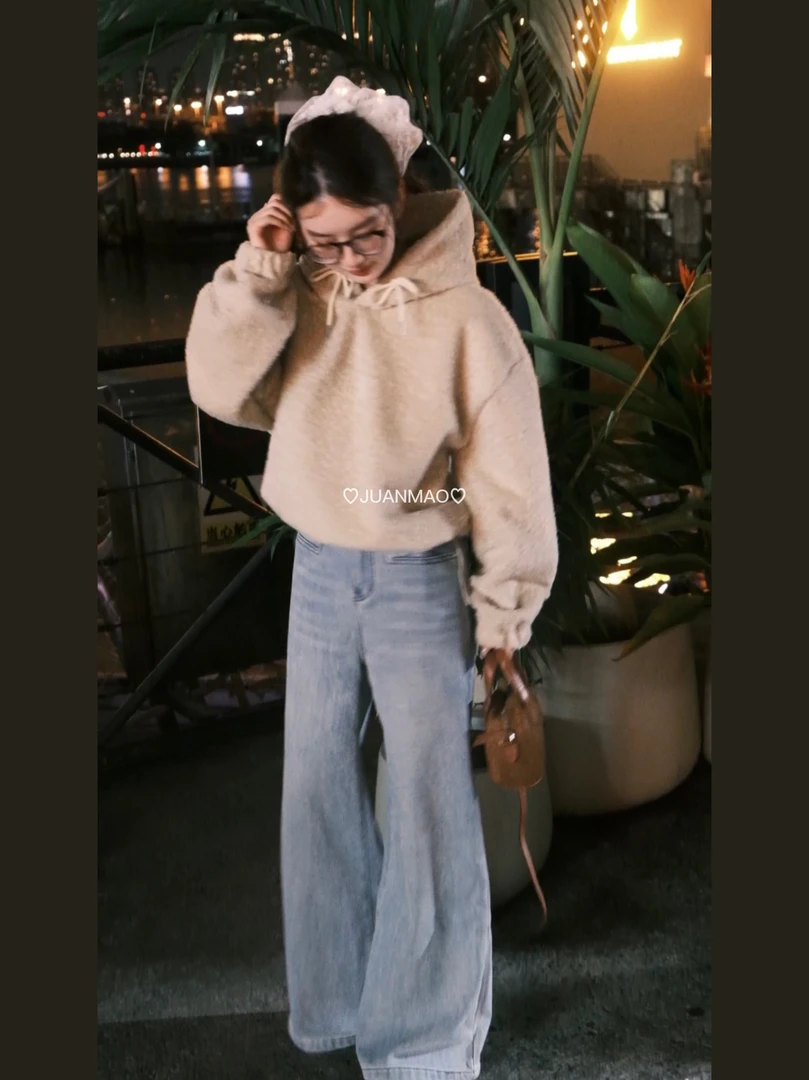 【自在牛仔】蓝色阔腿牛仔裤女装裤子秋显瘦直筒裤宽松垂感加绒长裤