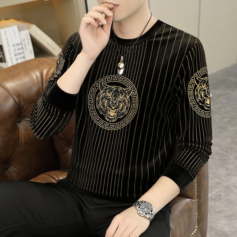 2024早秋新款男士长袖卫衣圆领男装高品质欧版烫钻上衣长袖