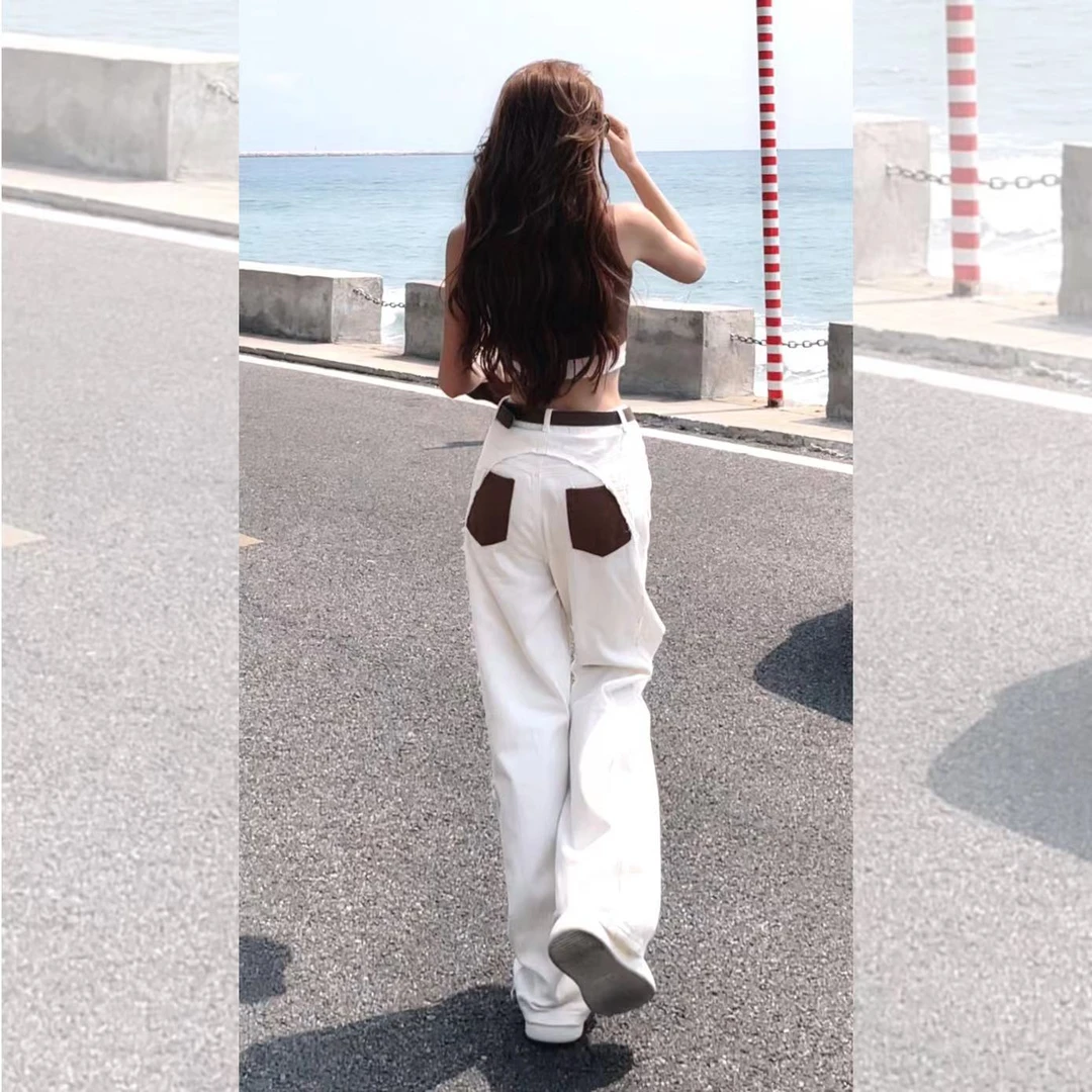 婉君【美式背影杀手】撞色拼接复古韩版休闲阔腿裤LWJ23A1K185